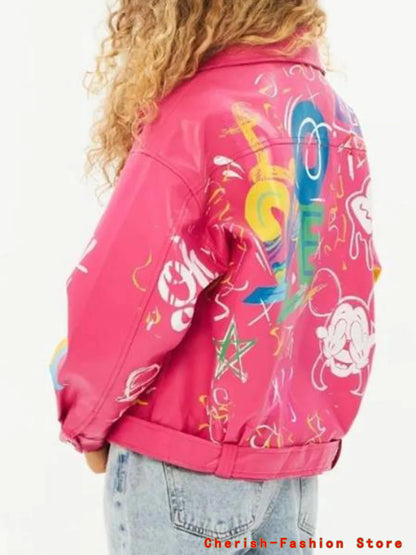Fashion Brand Coat PU Leather Jacket Women Colorful Print Graffiti Soft Punk Coats Slim Locomotive Cropped Jacket Leather Top 1