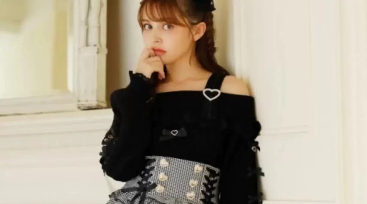 Japanese Sweet Bow Long-sleeve Knitted Pullover Sweater Autumn Winter New Off-shoulder Sexy Lolita Girls Liz Sweater Jumper Top