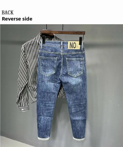 Jeans Men's Spring and Summer New High-end Trend Blue Slim-fitting Pants Brand Korean Streetwear High Street Retro Long Pants