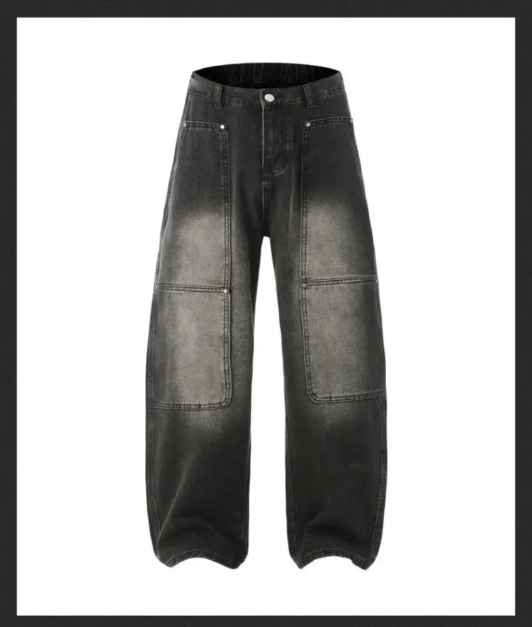 Men's Jeans Spring And Autumn Fashion Straight Tube Loose Washed Casual American Retro Original Color Wide Rivet Logging Pants