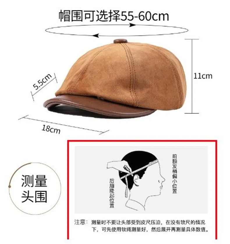 New Autumn Winter Natural Genuine Leather Caps For Men Suede Cowhide Leather Warm Berets Women's Hats British Fashion Golf Cap