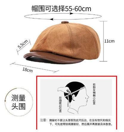 New Autumn Winter Natural Genuine Leather Caps For Men Suede Cowhide Leather Warm Berets Women's Hats British Fashion Golf Cap