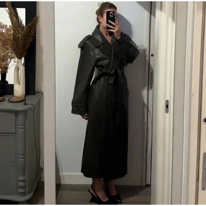 Elegant Women's Double Breasted Long Leather Coat With Belt Lapel Full Sleeve Pockets Jacket 2025 Autumn Winter Lady Outwear New