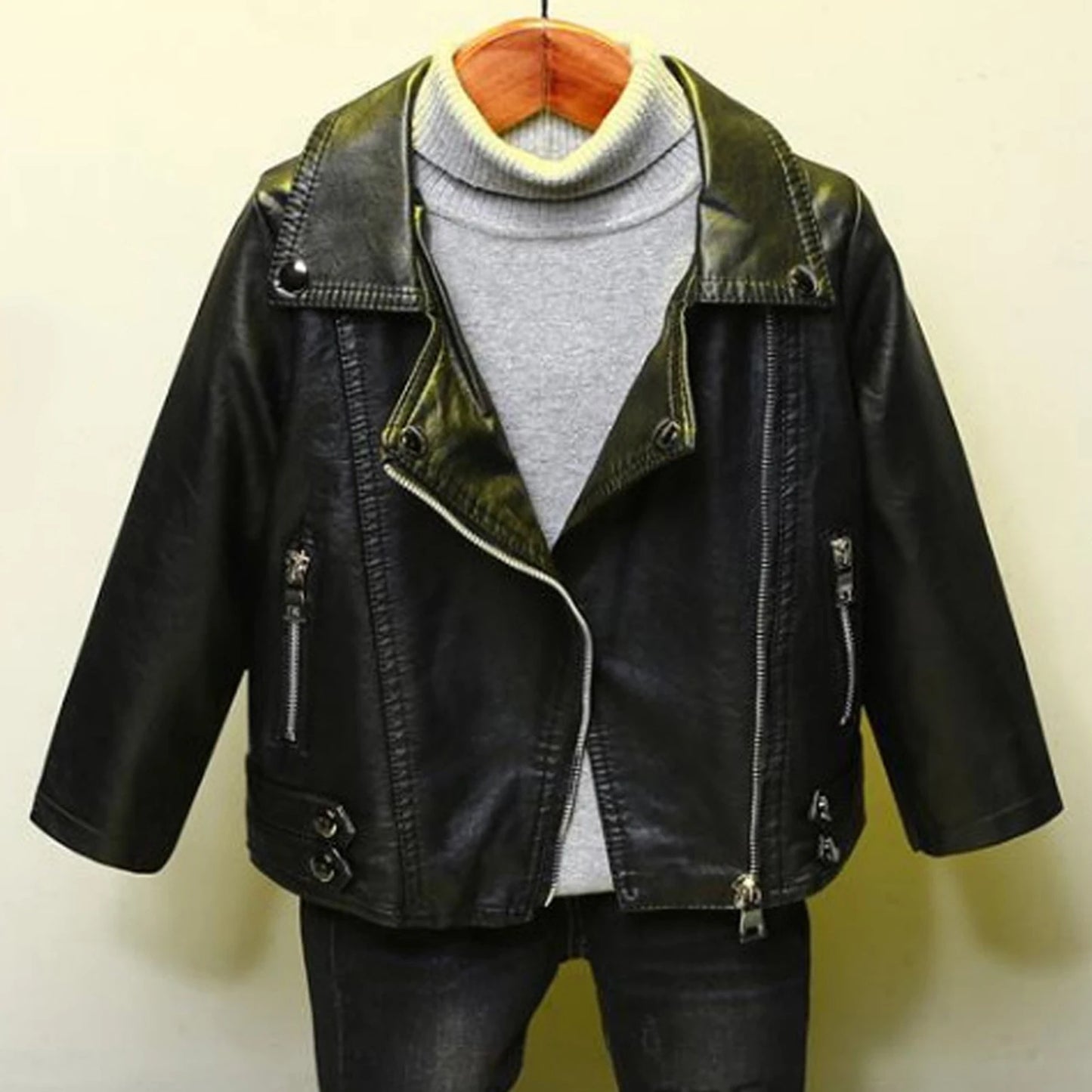 Retro Children's Leather Jacket,Boys Transition Coat,Kids PU Locomotive Wear,Faux Leather Outerwear,Girls Motorcycle Outfits