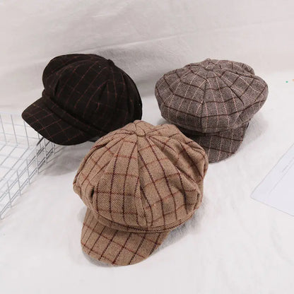 Kids Boys Girls PU Leather Hat 2024 New Arrival Children Princess Retro Beret Cap British Style Plaid Striped Cap Steetwear Hat