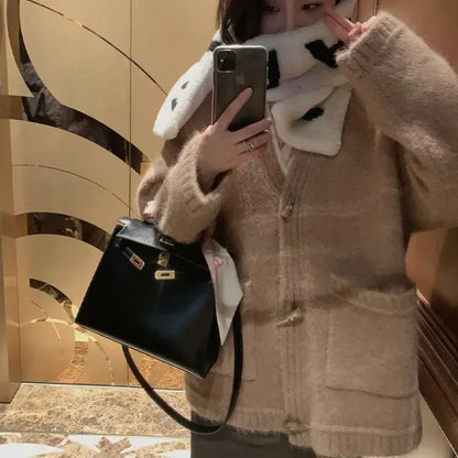 Ladies Sweaters Winter Button Knitted Top for Women White Cardigan 2025 New Collection Jumper Long Sleeve Knitwear Korean Luxury