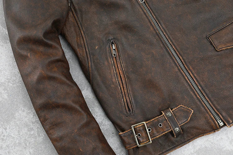 Cowhide Leather Coat Men's Retro Distressed Motorcycle Cycling Clothing Trendy Youth LapeSpring and Autumn Coat