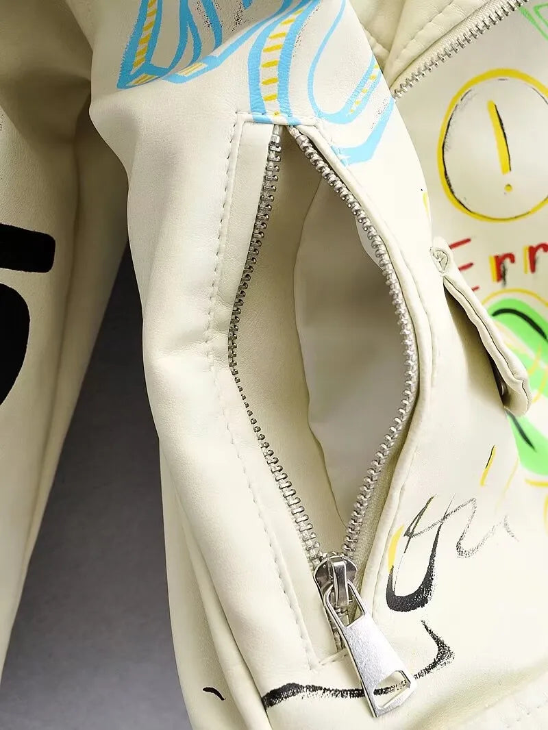 Fashion Brand Coat PU Leather Jacket Women Colorful Print Graffiti Soft Punk Coats Slim Locomotive Cropped Jacket Leather Top 1