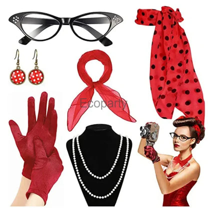 1950's Costume Accessories For Women Retro Polka Dot Headband Necklace Chiffon Scarf Eyeglasses Earrings Set Girls Party Outfits