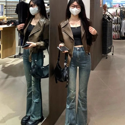 Classic Pleated Leather Jacket Women Korean Chic Outerwear Vintage PU Coats Lapel Collar Zipper Overcoat Streetwear