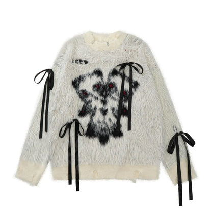 American sweet and cool bow sweater women's autumn and winter new loose soft waxy retro loose sweater outside the coat.