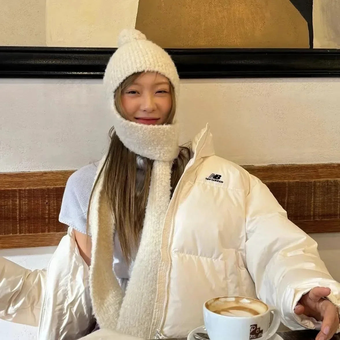 Winter Sweet Girl's Must-have - Wool Blend Beanie with Scarf and Shiny Furball