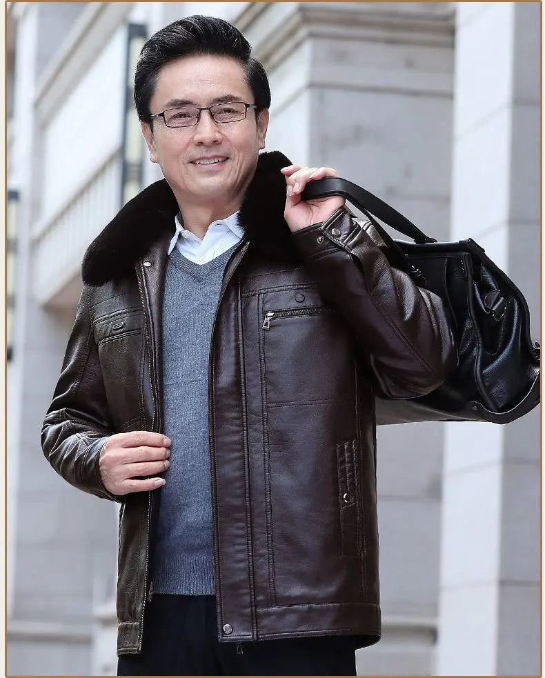 Natural Leather Jacket For Men Fur Thick Loose Plus Velvet Winter Black Leather Coats Male Sheepskin Coat Man With Fur Collar