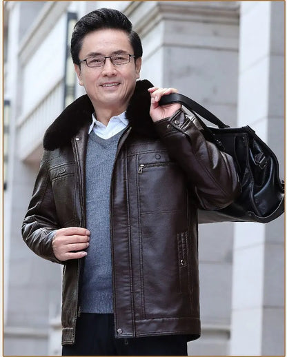 Natural Leather Jacket For Men Fur Thick Loose Plus Velvet Winter Black Leather Coats Male Sheepskin Coat Man With Fur Collar