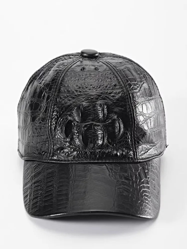 Fashion Mens Crocodile Pattern Cowhide Genuine Leather Peaked Cap Outside Casual Sun Protected Travel Baseball Cap Adjustable