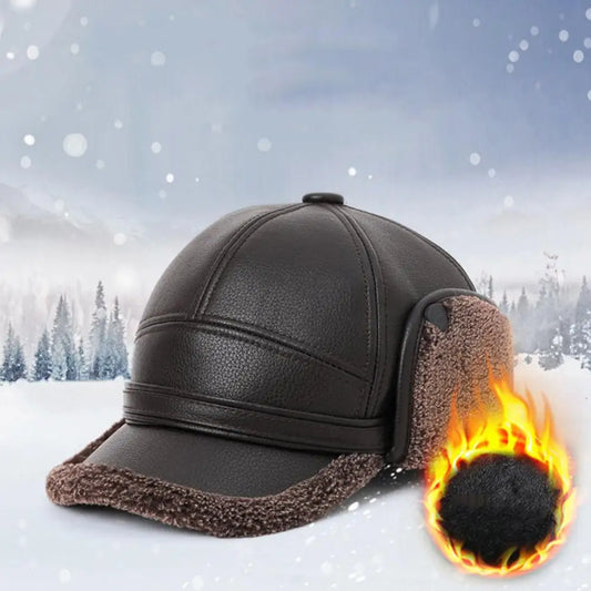 PU Leather Baseball Cap Men Winter Warm Hat Dad Grandpa Thermal Hat Thick Warm Leather Hat Old Man Ear Protection Cap