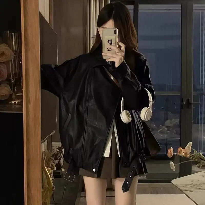 Faux Pu Leather Coats Women Solid Jackets Belt Zipper Turn Down Collar Long Sleeves Loose Casual Streetwear 2025 Spring Autumn