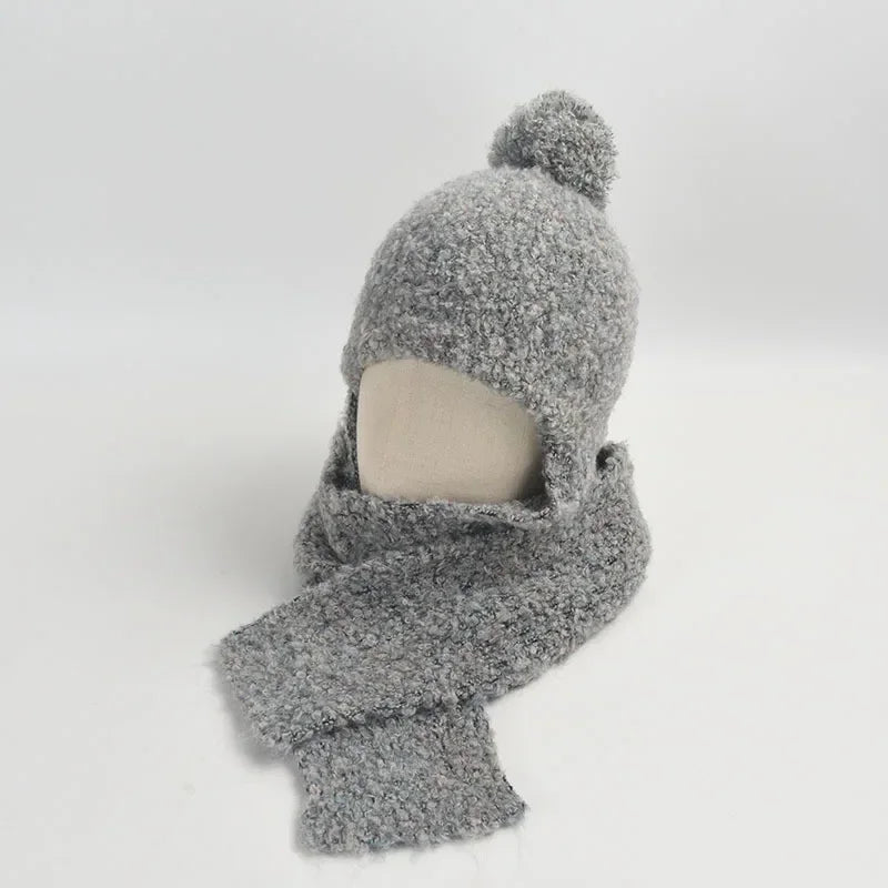 Winter Sweet Girl's Must-have - Wool Blend Beanie with Scarf and Shiny Furball