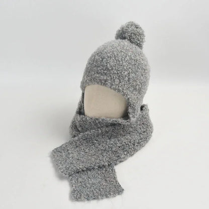 Winter Sweet Girl's Must-have - Wool Blend Beanie with Scarf and Shiny Furball