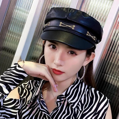 New Women's PU Leather Beret Hat Vintage England Flat Top Newsboy Caps Outdoor Casual Visor Black Artist Fashion Painter Hat