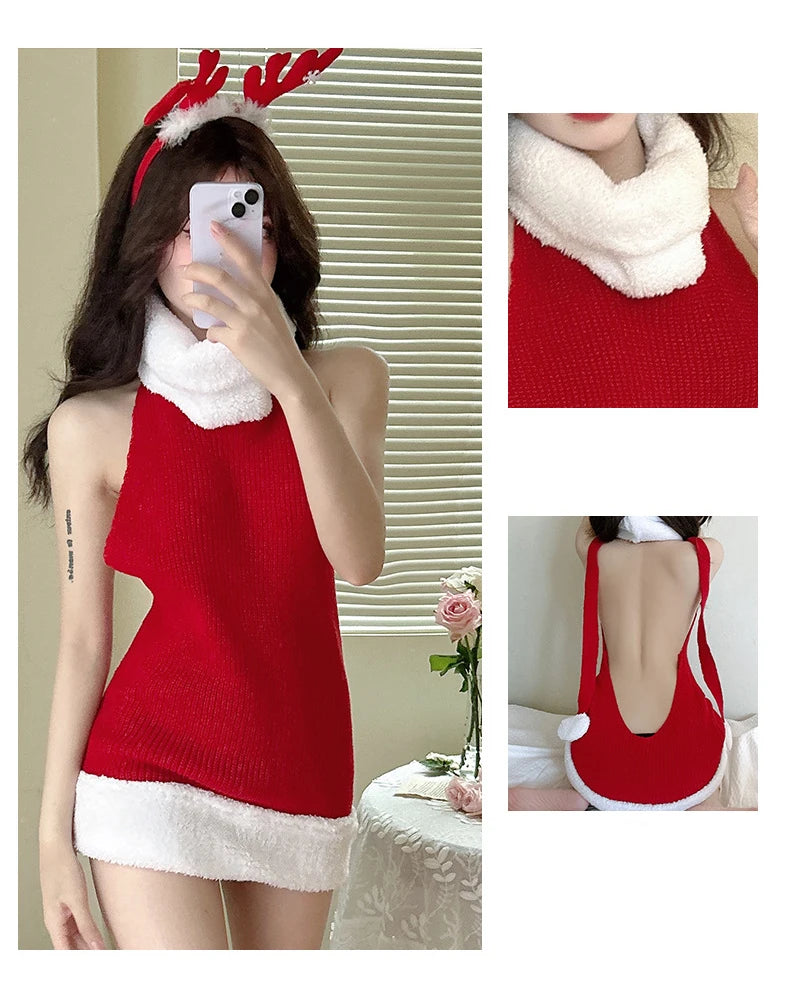 Women's Sweater Dress Christmas Pullover Red Backless Knitted Sleeveless Turtleneck Loose Jumper Festival Autumn Winter Sweaters