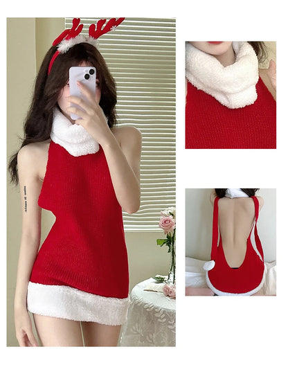 Women's Sweater Dress Christmas Pullover Red Backless Knitted Sleeveless Turtleneck Loose Jumper Festival Autumn Winter Sweaters