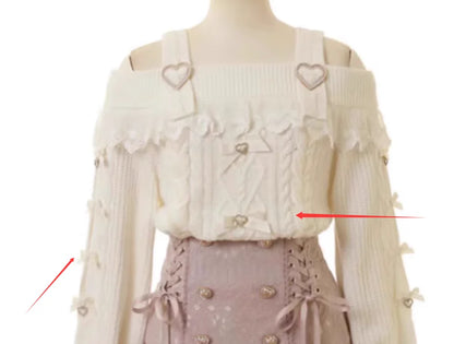 Sweet Lolita Winter Clothes Women Off Shoulder Sweater Pullover Student Elegant Long Sleeve Knitwear Bow Lace Waist Slim Sweater