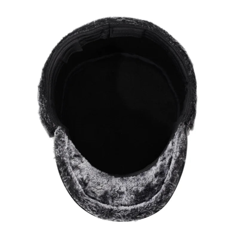 Mens Leather Flat Top Baseball Cap Warm Ear Hat for Elderly in Autumn Winter Thickened Fleece-lined Cold Cap
