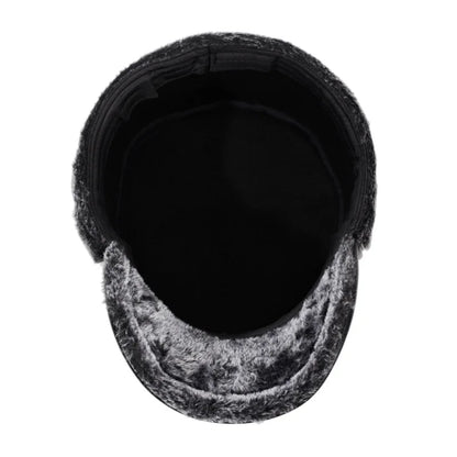 Mens Leather Flat Top Baseball Cap Warm Ear Hat for Elderly in Autumn Winter Thickened Fleece-lined Cold Cap