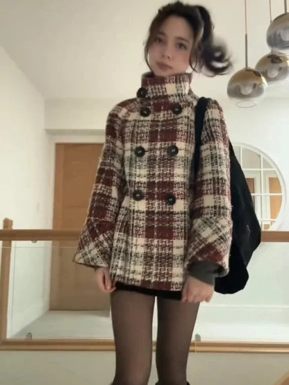 Autumn Winter Chic Coat Warm Checkered Turtleneck Shoulder Straight Coat Women Double Breasted Full Sleeve Middle Long Coat Lady