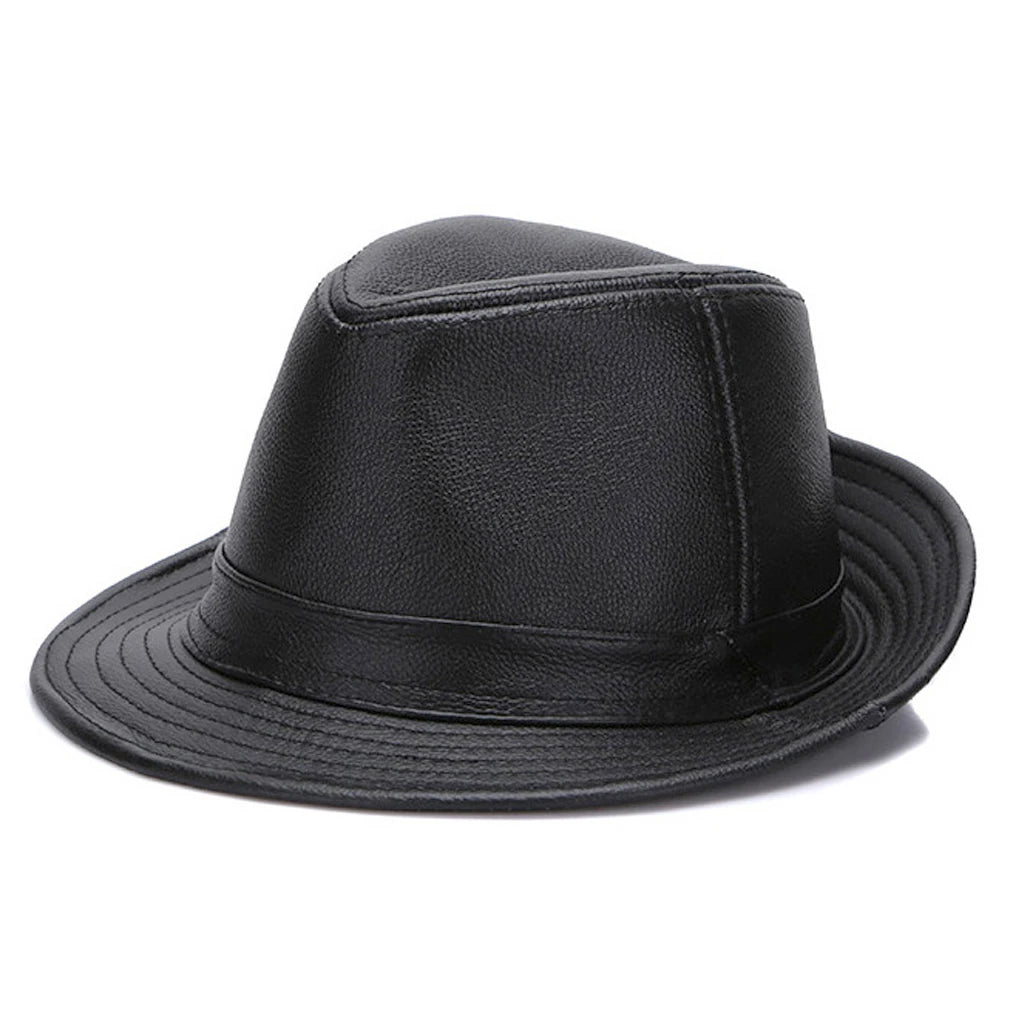 Men's Gentlemen's Fedora Hat Genuine 100% Cowhide Leather Trilby Cap Real Cowhide Leather Jazz Casual Autumn Winter Top Cap