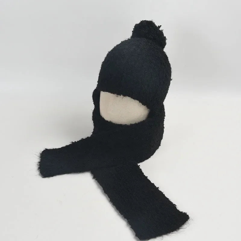 Winter Sweet Girl's Must-have - Wool Blend Beanie with Scarf and Shiny Furball