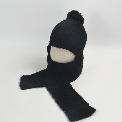 Winter Sweet Girl's Must-have - Wool Blend Beanie with Scarf and Shiny Furball