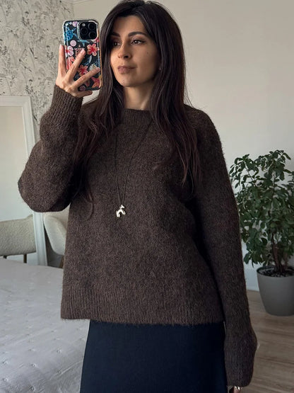 Women's Winter Sweater 2025 Warm Pullovers O Neck Knitwear Loose Knit Jumpers Basic Brown Sweaters For Women Winter Pink