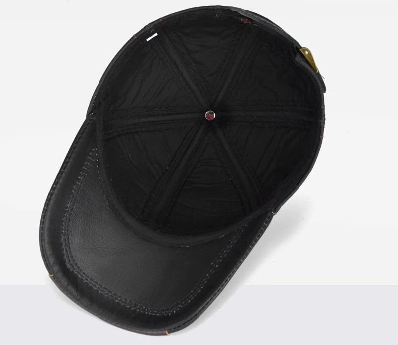 Men Real Cowhide Leather Earlap Caps Male Fall Winter 100% Real Cow Leather Hats New Casual Real Leather Outdoor Baseball Cap