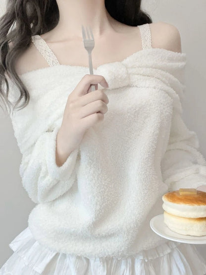 Winter Kawaii Sweet Off Shoulder Loose Sweater Women Design Warm Long Sleeve White Fashion Lovely Pullover Chic Bow Outfits New