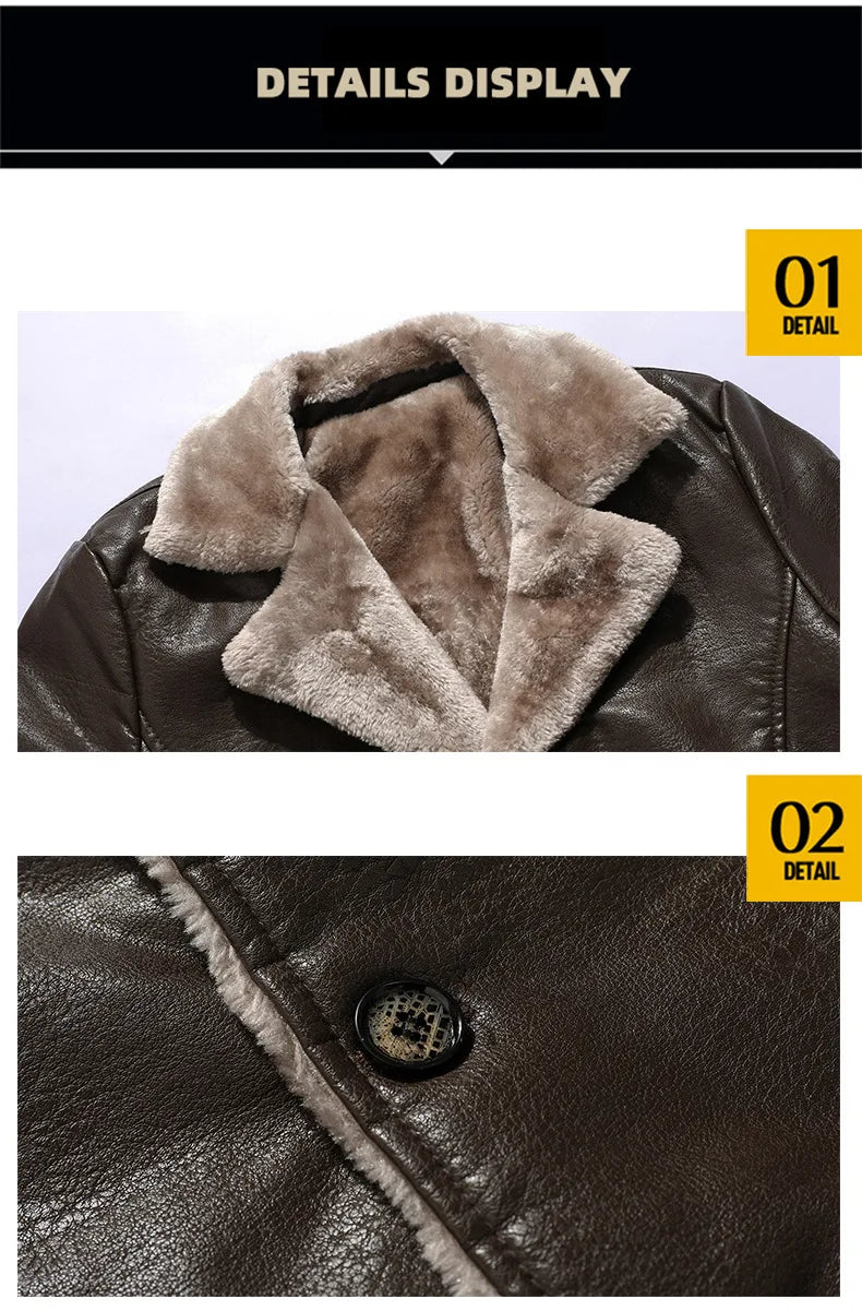 Winter Men's Leather Jacket Oversized Fur Long Coats High Quality PU Leather Thicken Fleece Casual Jacket Men Clothing A2F80818