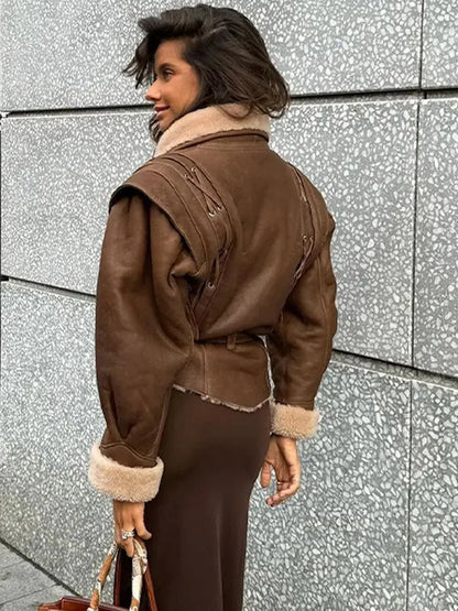 Leather Jackets Women's With Belt Fur Coat Streetwear Fashion Solid Outwear Woman Elegant Jackets Chaqueta De Cuero Para Mujer