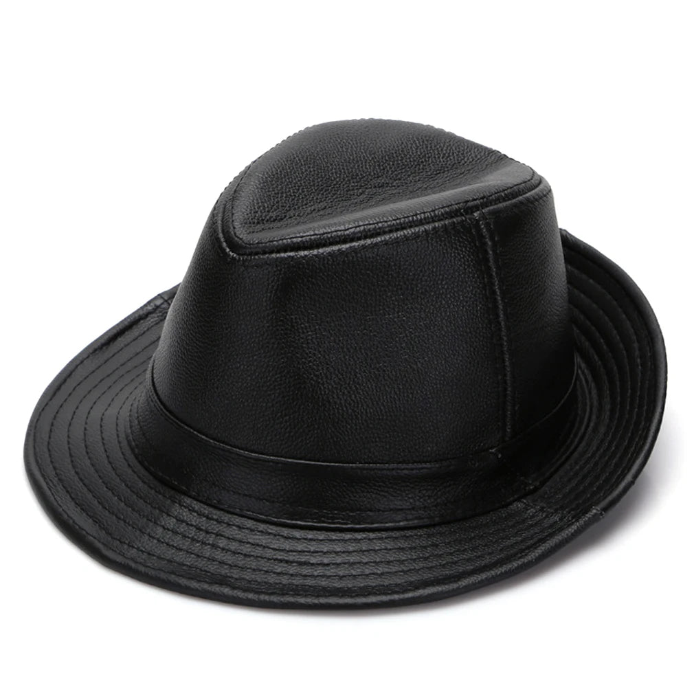 Men's Gentlemen's Fedora Hat Genuine 100% Cowhide Leather Trilby Cap Real Cowhide Leather Jazz Casual Autumn Winter Top Cap
