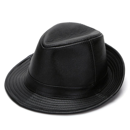 Men's Gentlemen's Fedora Hat Genuine 100% Cowhide Leather Trilby Cap Real Cowhide Leather Jazz Casual Autumn Winter Top Cap