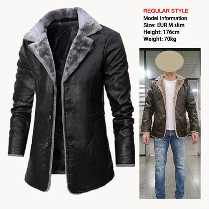 Winter Men's Leather Jacket Oversized Fur Long Coats High Quality PU Leather Thicken Fleece Casual Jacket Men Clothing A2F80818