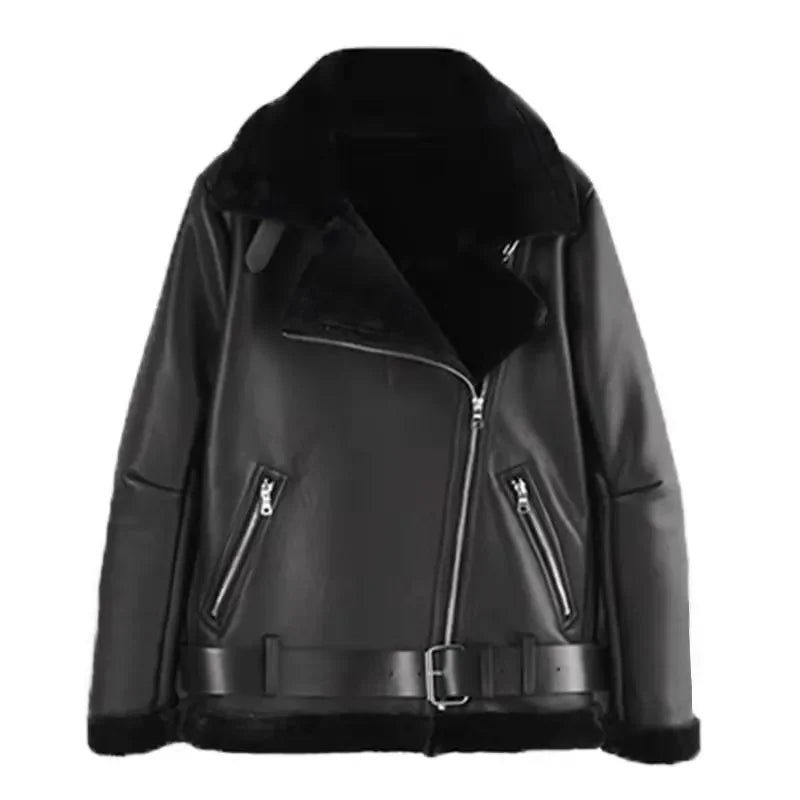 Women Leatherette Coat Female Loose Outwear Extra Thick Warm Extra Thick Lamb Wool New Autumn Winter Pu Leather Jacket