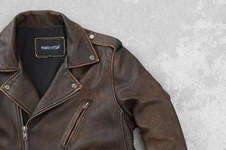 Cowhide Leather Coat Men's Retro Distressed Motorcycle Cycling Clothing Trendy Youth LapeSpring and Autumn Coat