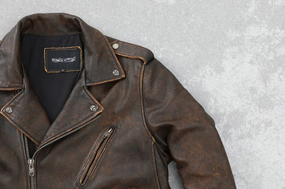 Cowhide Leather Coat Men's Retro Distressed Motorcycle Cycling Clothing Trendy Youth LapeSpring and Autumn Coat