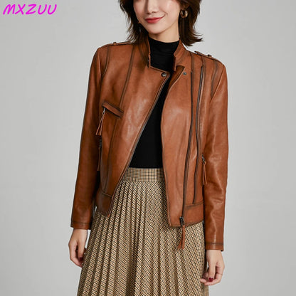 Leather Coat Women Short All-match European Fashion Biker Genuine Sheepskin Black Jackets Zipper Pocket Jaqueta Couro Feminina