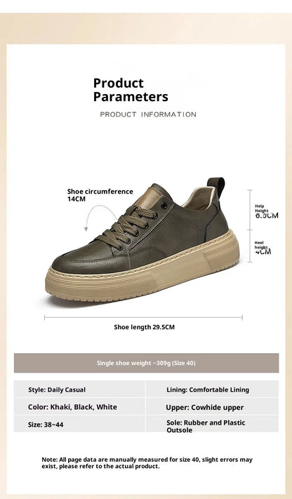 Genuine Leather Men's Casual Shoes, Thick-soled, Anti-slip, Wear-resistant, Height-increasing, Street Fashion, Retro Board Shoes