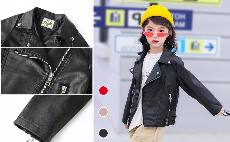 Retro Children's Leather Jacket,Boys Transition Coat,Kids PU Locomotive Wear,Faux Leather Outerwear,Girls Motorcycle Outfits