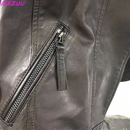 Leather Coat Women Short All-match European Fashion Biker Genuine Sheepskin Black Jackets Zipper Pocket Jaqueta Couro Feminina