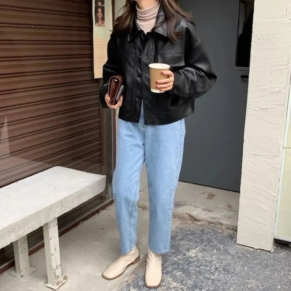 Fashion Lapel Collar Leather Jacket Women Outerwear Retro Vintage PU Coats Korean Chic Windbreaker Jackets Autumn/Winter