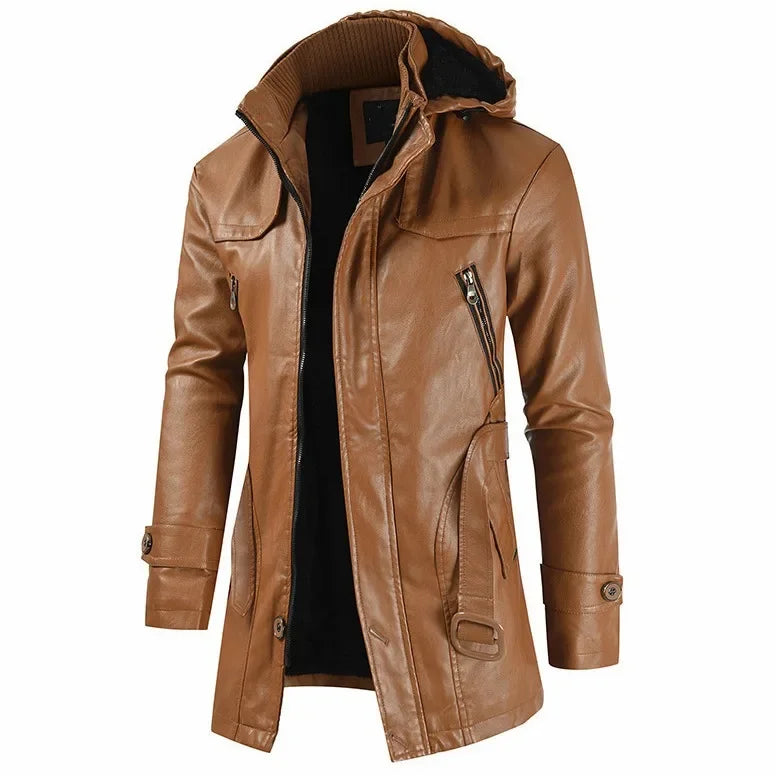 Winter Men's Leather Motorcycle Leather Korean Fashion Jacket Coat Windproof Clothes Men's Hooded Medium Long Windbreaker Coats